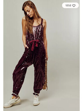 Free People LOVE AGAIN Harem One-Piece Sequin Slouchy Jumpsuit Wine S NWOT $168